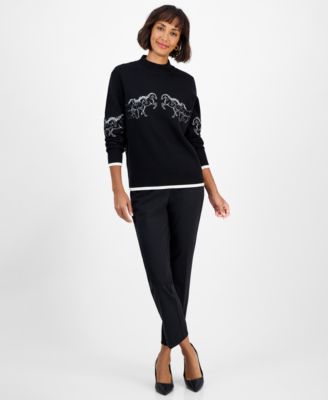 Women's Mock-Neck Embroidered-Horse Sweater 
