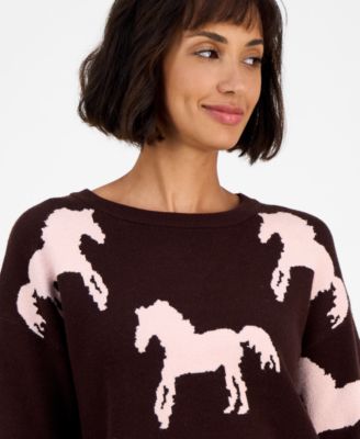 Women's Horse-Print Crewneck Long-Sleeve Sweater 