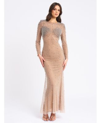 Women Rita Embroidered Mesh Silver Beaded Mermaid Gown