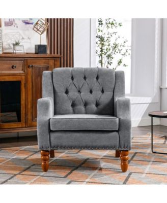 Footrest Chair Set with Vintage Brass Studs, Button Tufted Upholstered Armchair