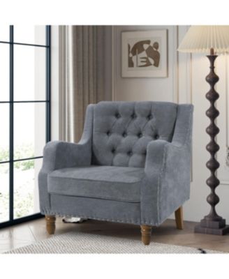 Footrest Chair Set with Vintage Brass Studs, Button Tufted Upholstered Armchair