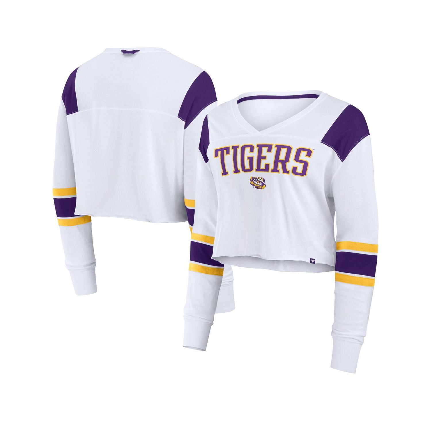 Women's White LSU Tigers Training Camp Cropped Long Sleeve V-Neck Fashion Top