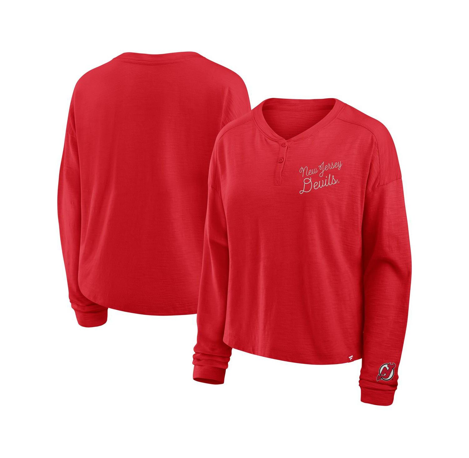 Women's Red New Jersey Devils Oversized All Out Effort Long Sleeve Henley T-Shirt