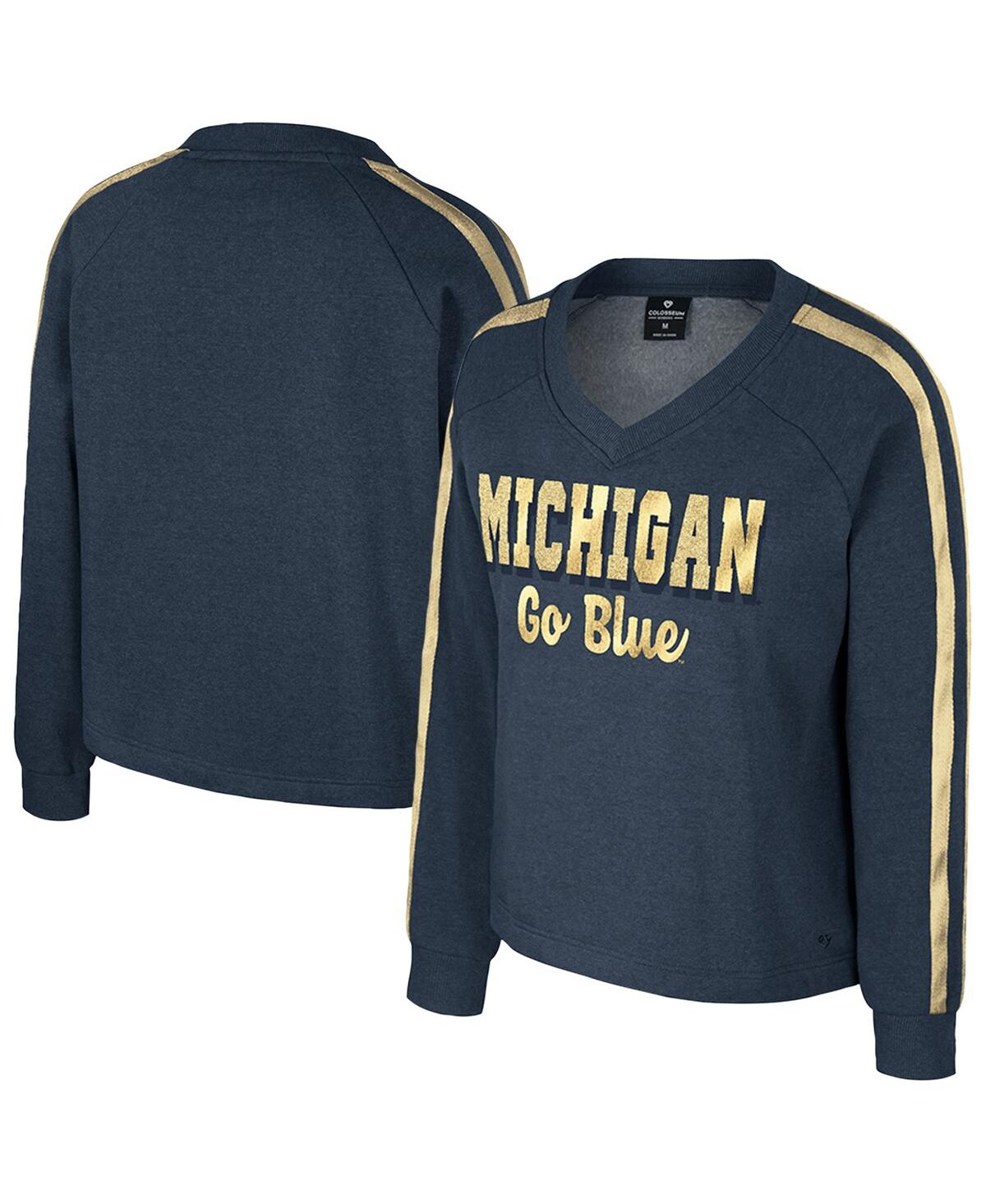 Women's Navy Michigan Wolverines Treasures Long Sleeve V-Neck T-Shirt - Navy