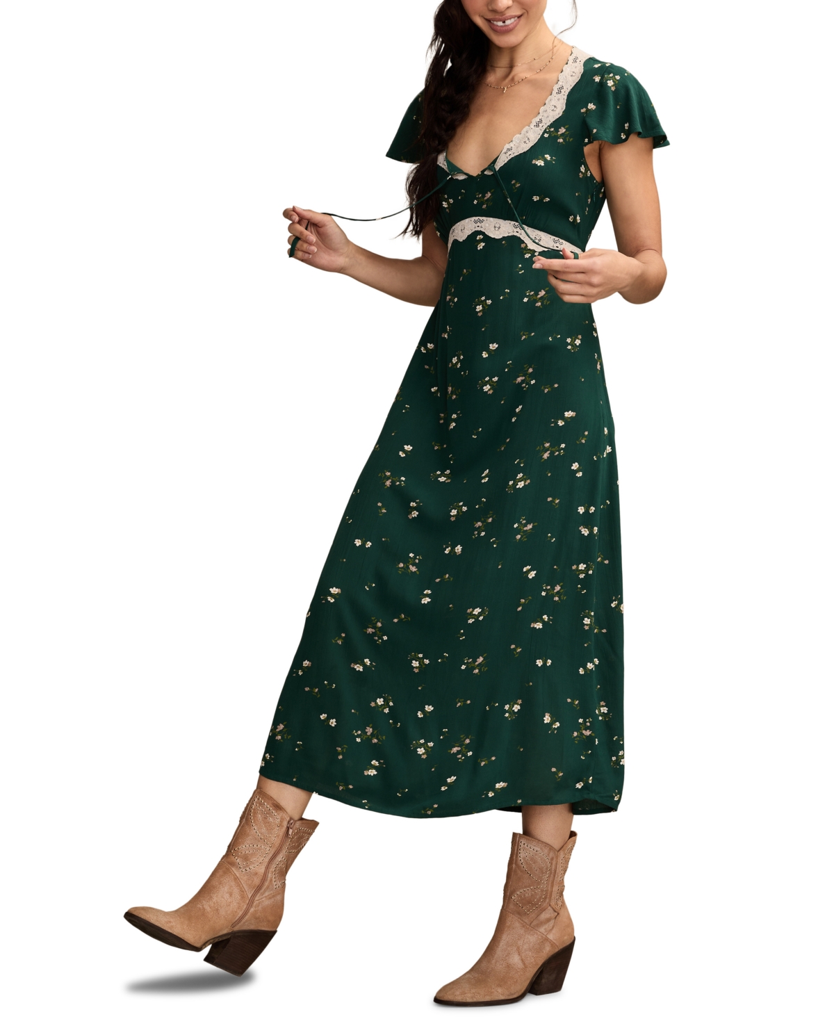 Lucky Brand Lace Trim Flutter Sleeve Midi Dress In Green