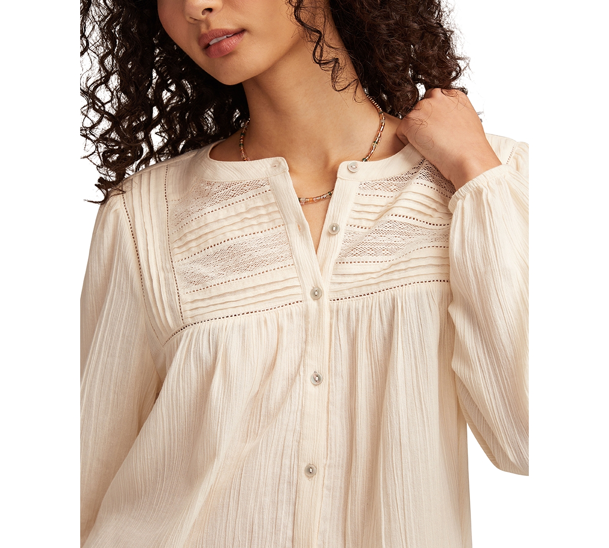 Lucky Brand Lace Inset Cotton Button-up Peasant Top In White