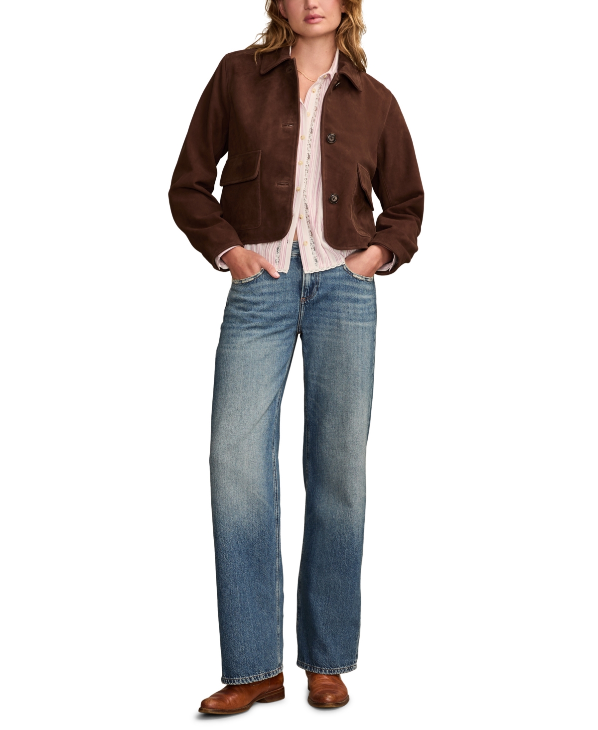Lucky Brand Button Front Suede Jacket In Brown