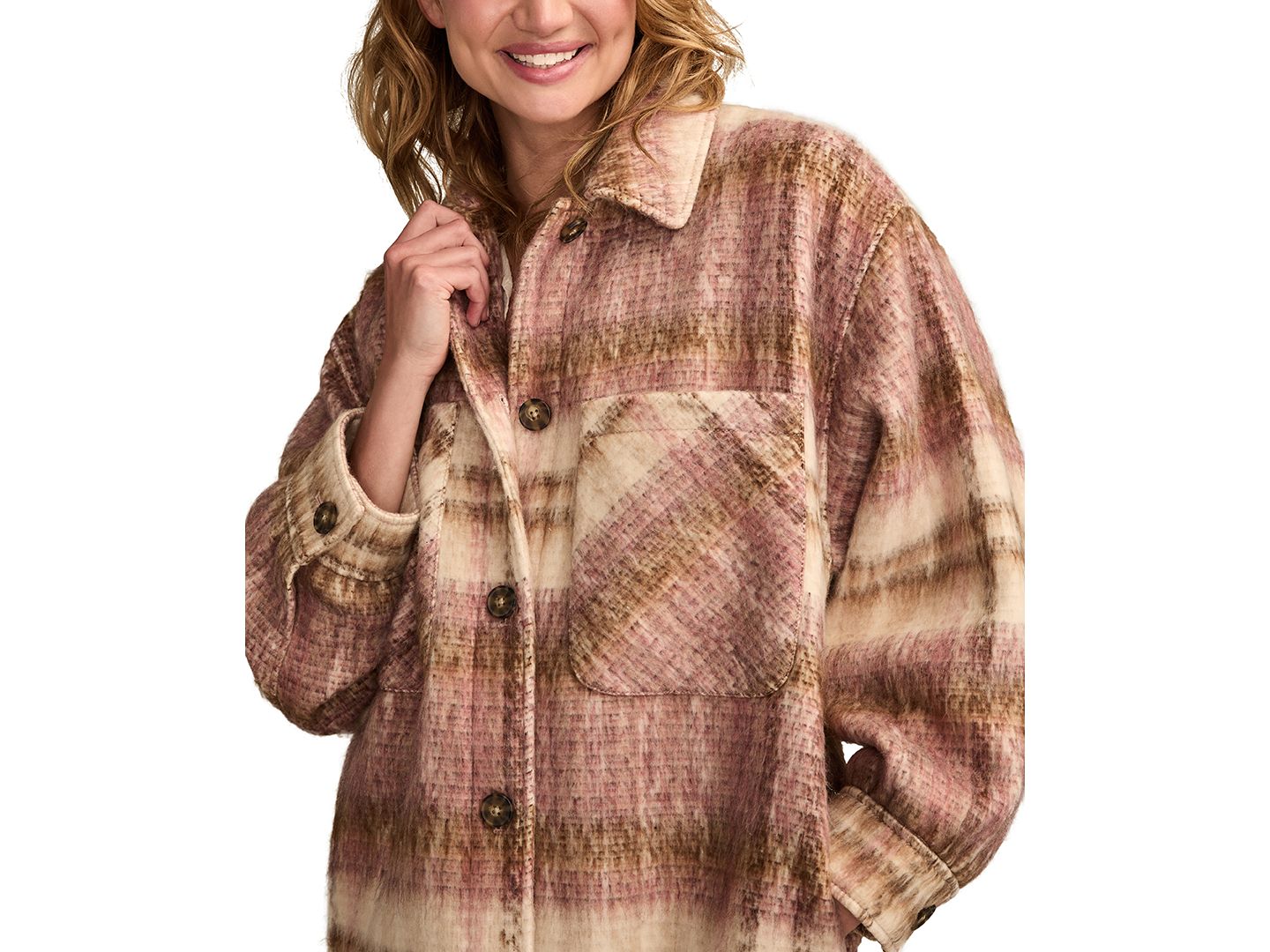 Женская куртка Lucky Brand Oversized Plaid Shirt Jacket, цвет: Розовый клетчатый — фото 2