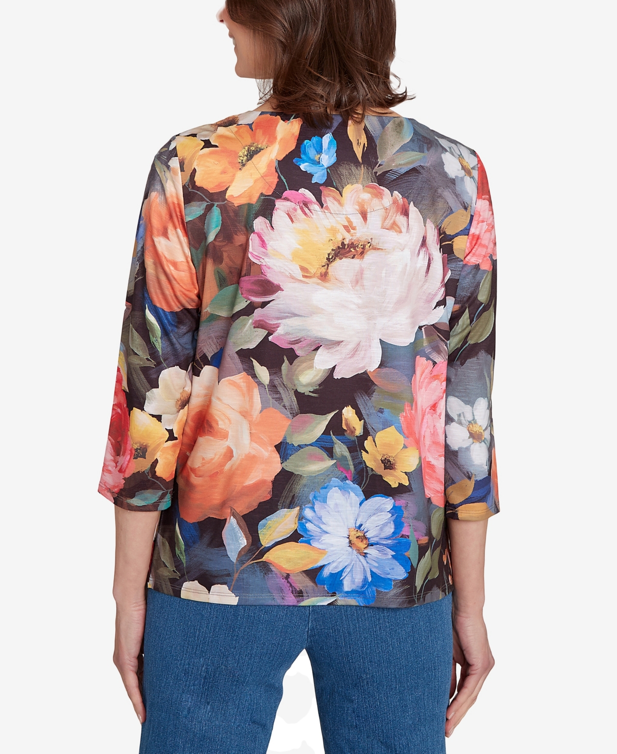 Alfred Dunner Women's Classic Dramatic Floral Lace Neck Top In Multi
