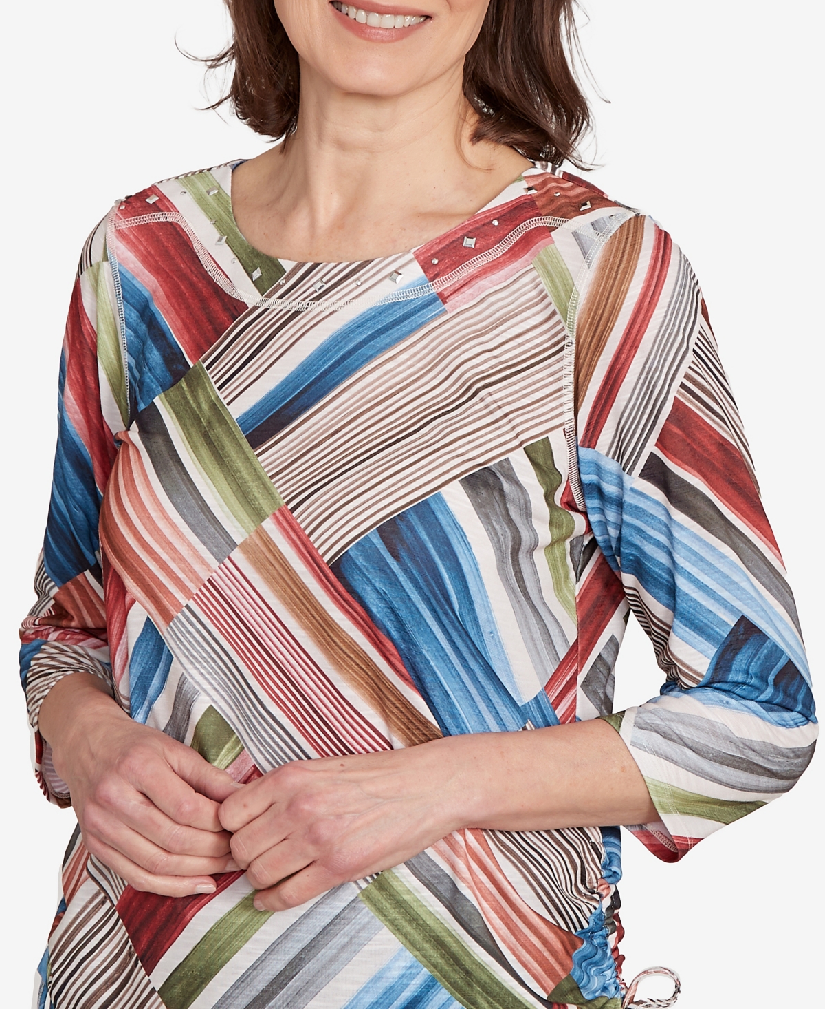 Alfred Dunner Women's Classic Stripe Patchwork Ruched Sides Top In Multi
