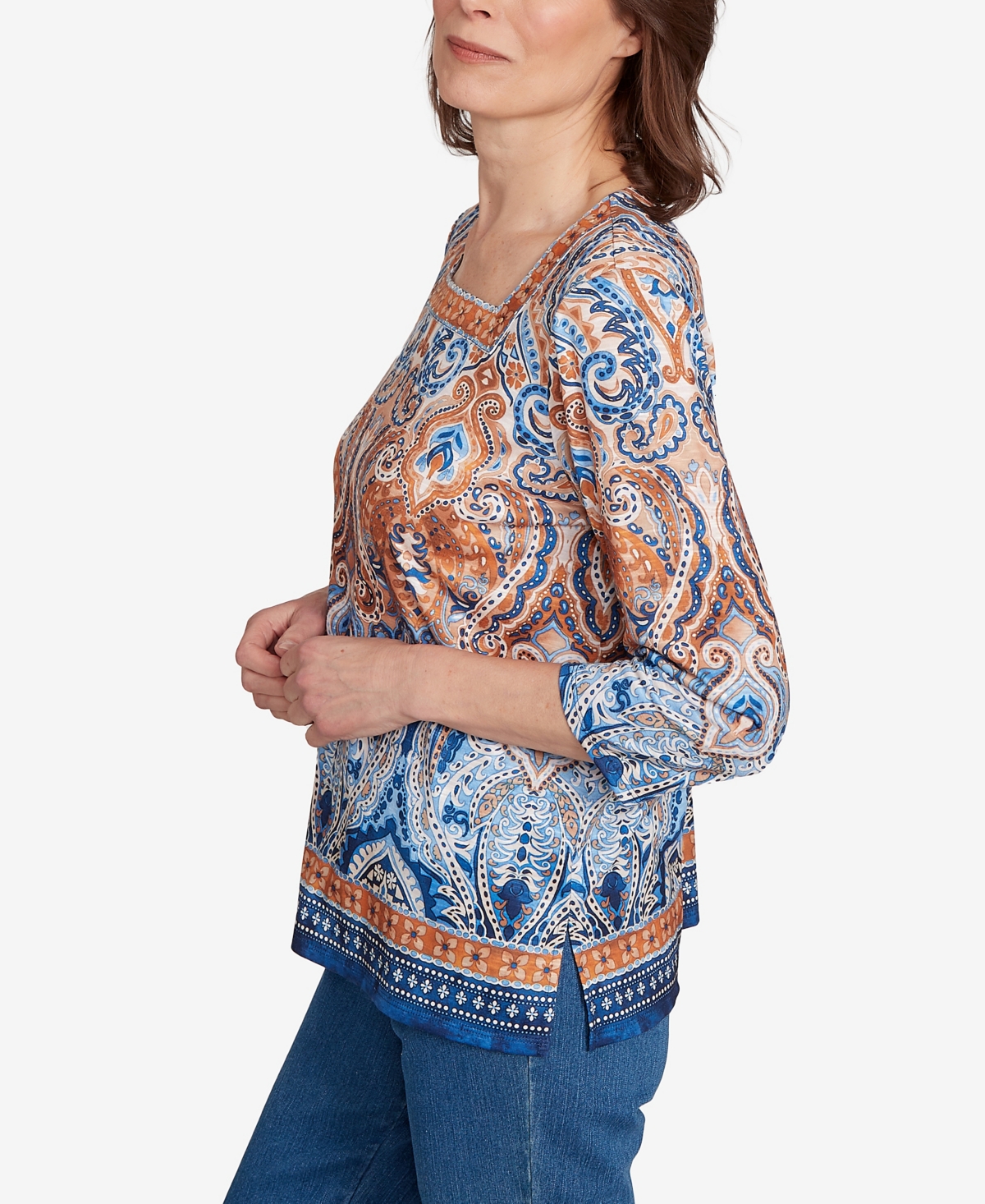Alfred Dunner Women's Classic Medallion Bordered Square Neck Top In Multi
