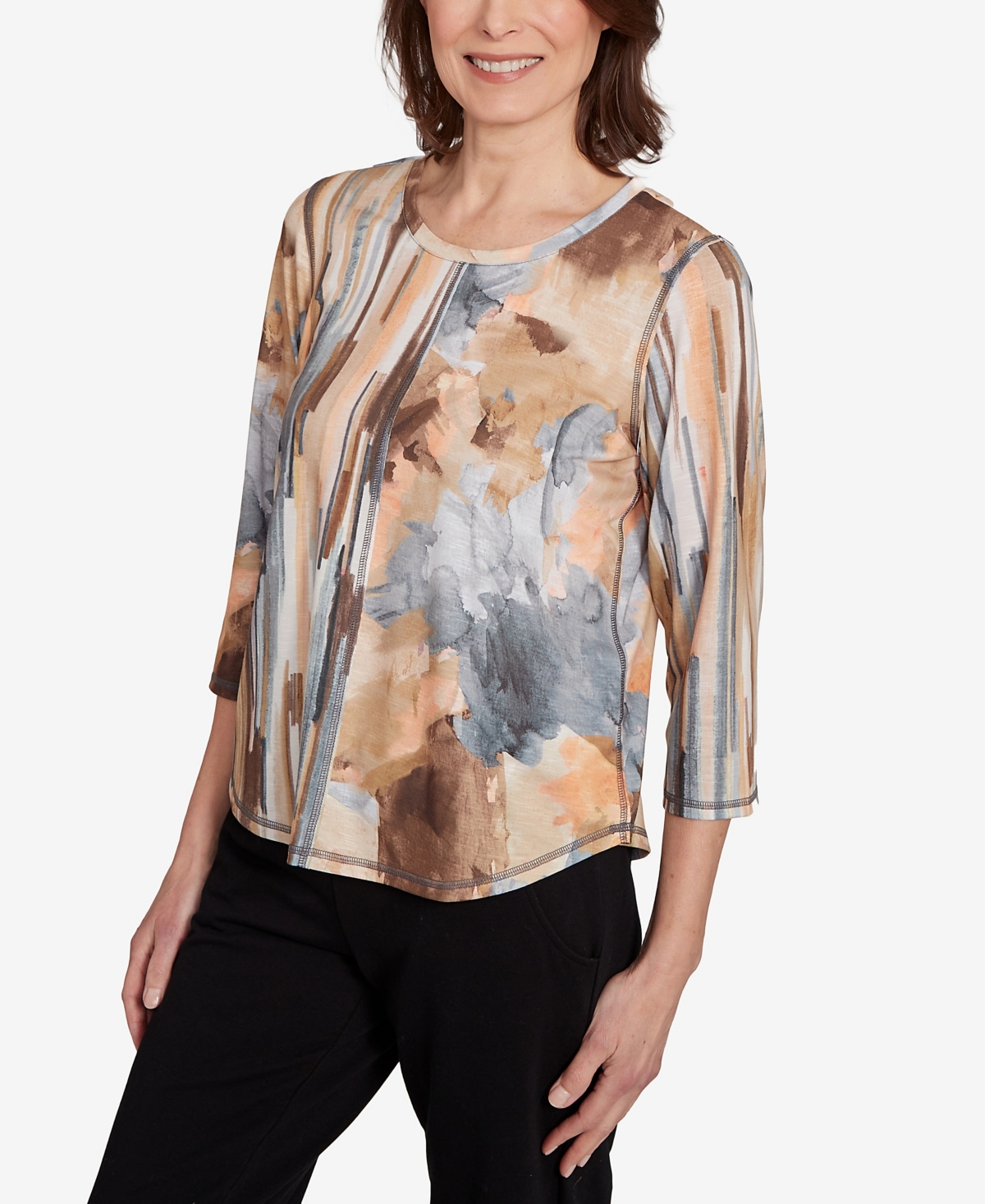 Alfred Dunner Plus Size Classic Spliced Floral Stripe Crew Neck Top In Multi