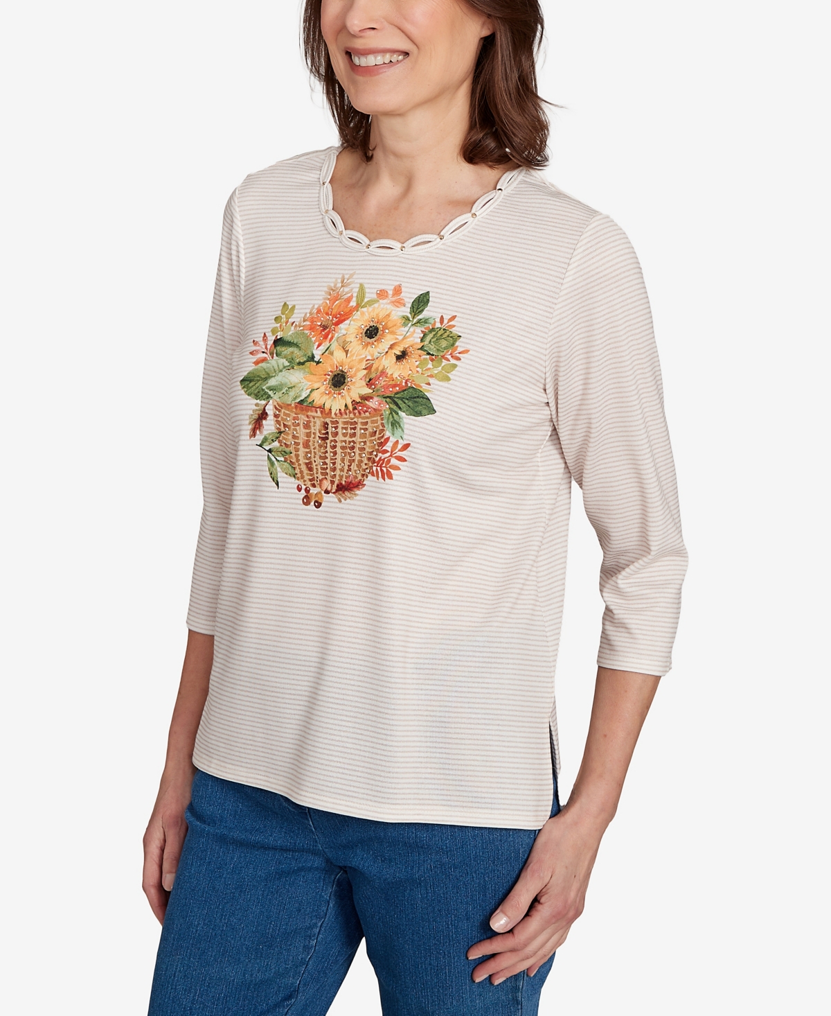 Alfred Dunner Plus Size Classic Harvest Basket Crew Neck Top In Neutral