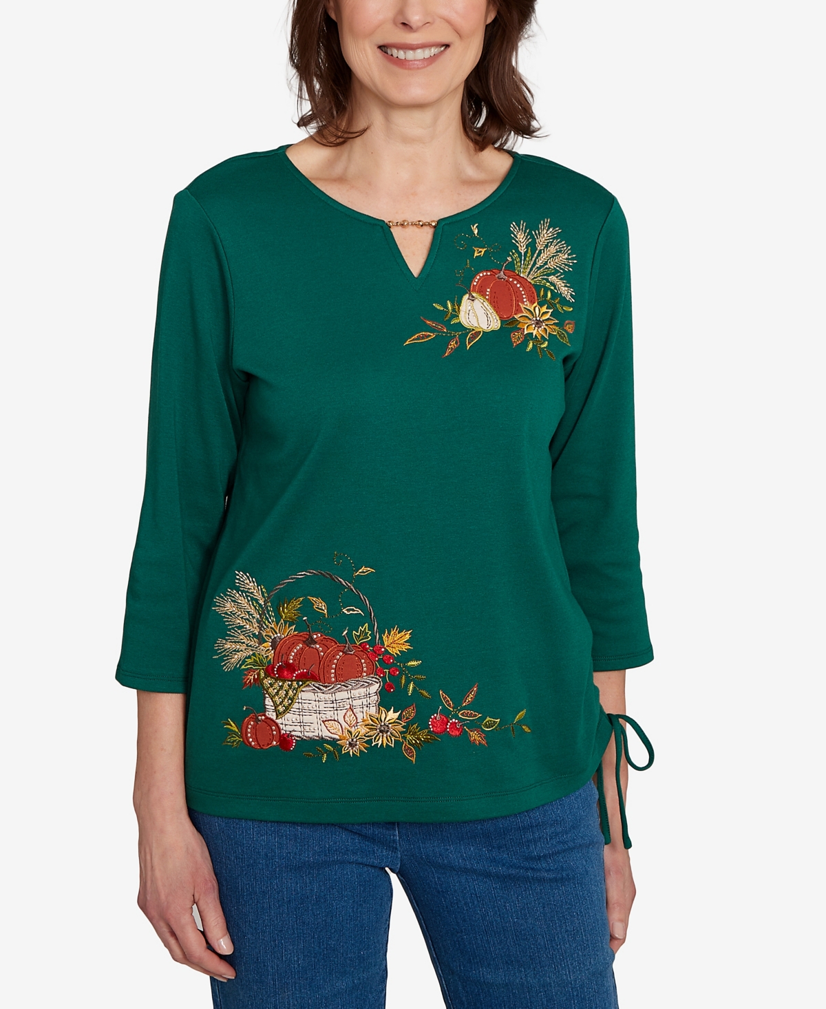 Alfred Dunner Women's Classic Asymmetric Pumpkin Split Beaded Floral Top In Green