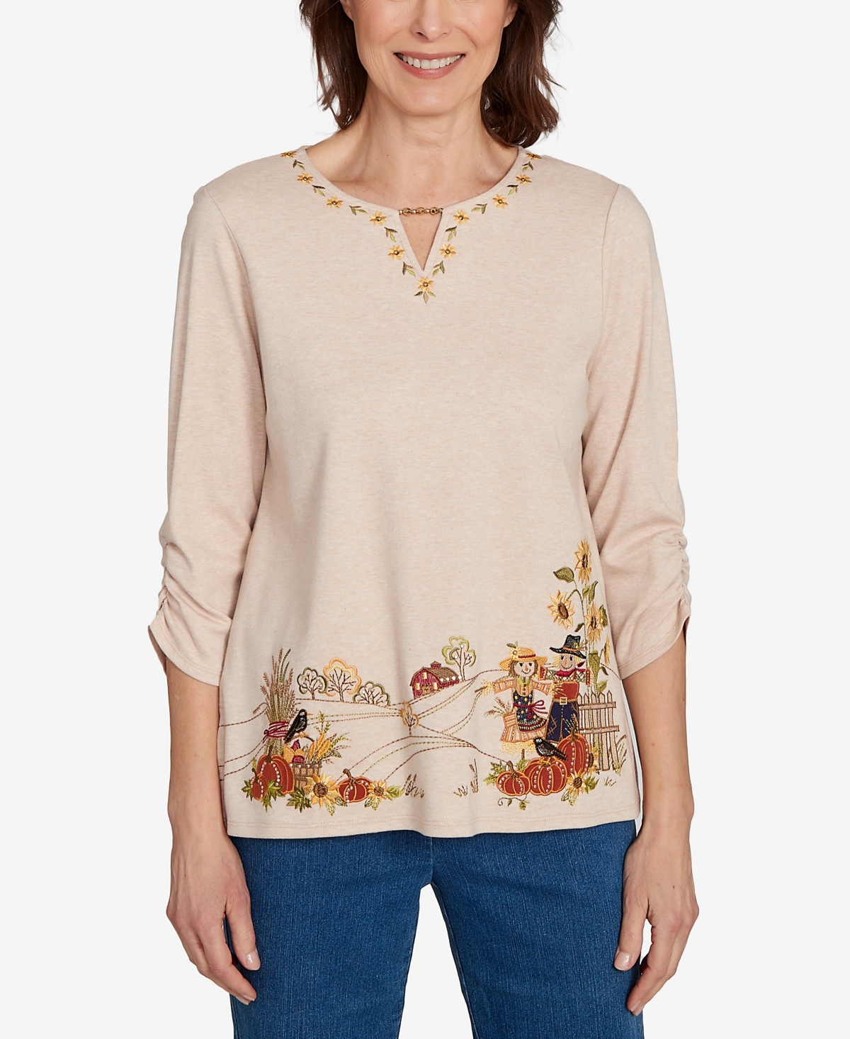 Alfred Dunner Plus Size Classic Scarecrow Bordered Keyhole Neck Top In Multi