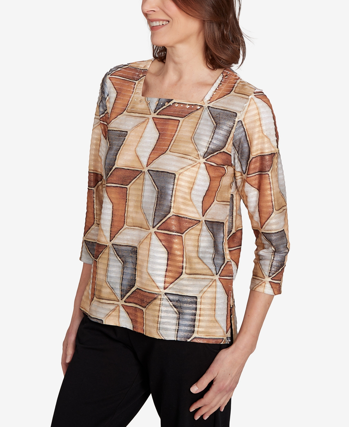 Alfred Dunner Plus Size Classic Stained Glass Square Neck Top In Multi