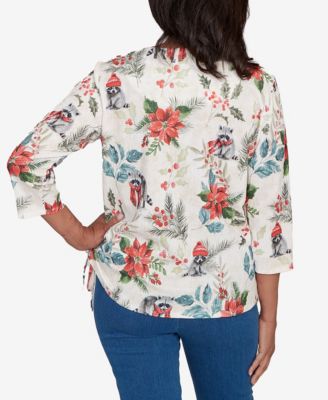 Women's Classic Holiday Raccoon Poinsettias Crew Neck Top