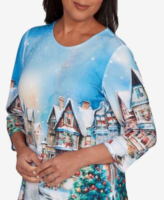 Women's Classic Embellished Snow Cabin Village Scene Crew Neck Top
