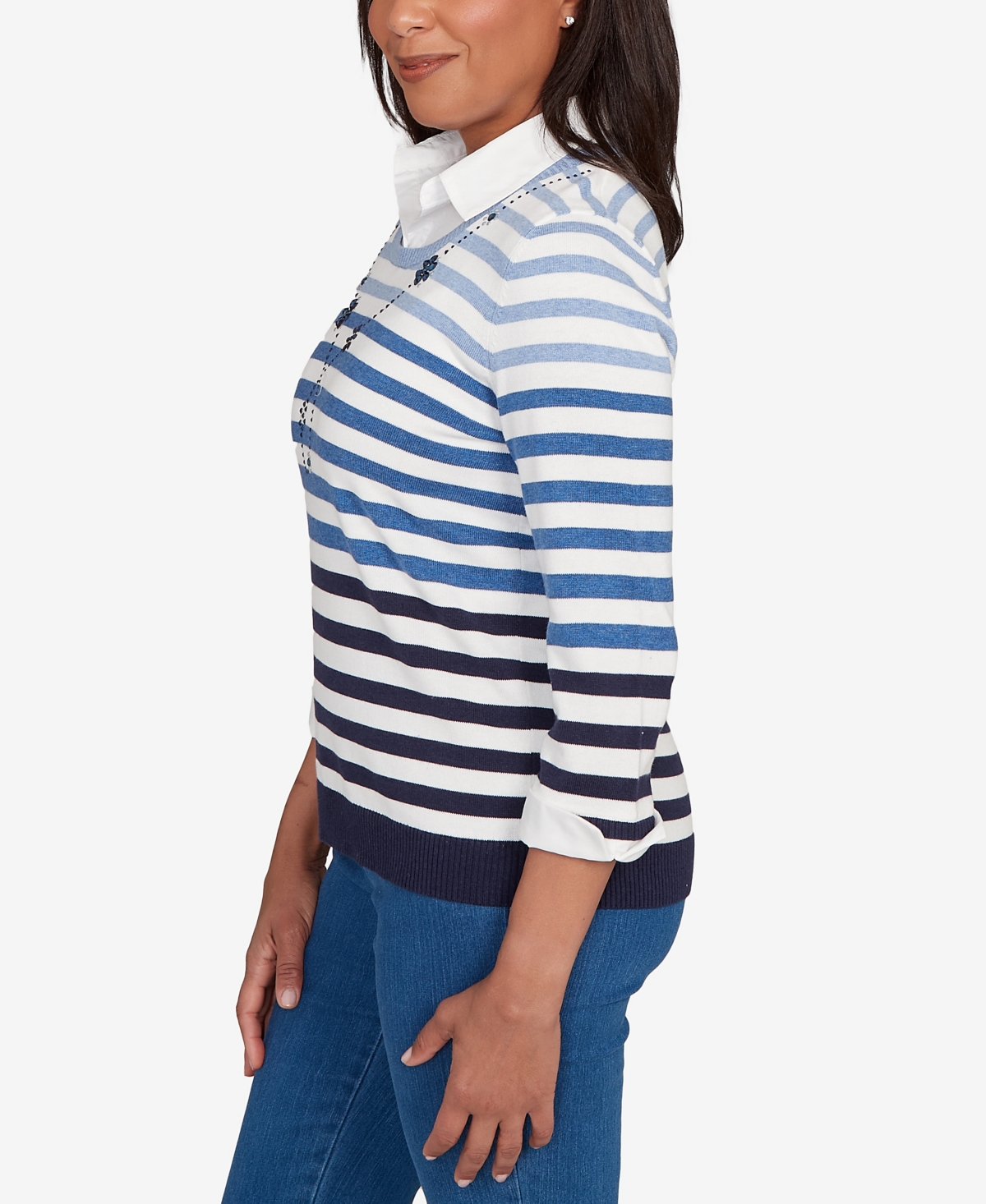 Alfred Dunner Women's Classic Ombre Stripe Two In One Sweater In Blue