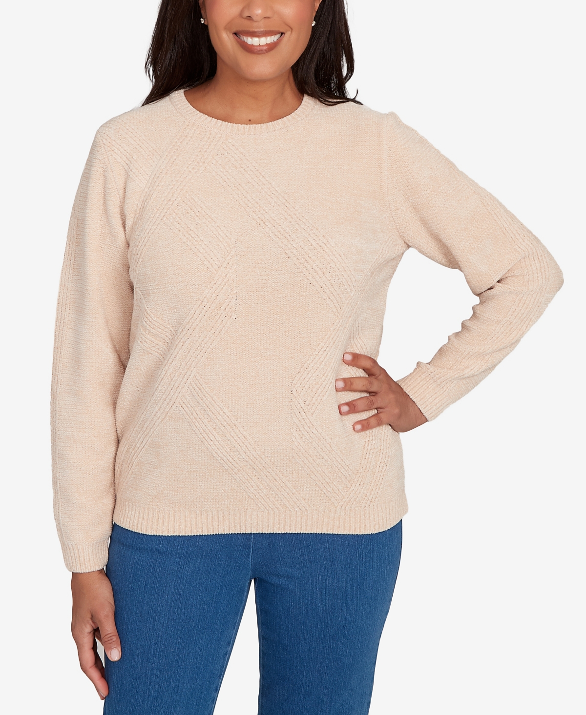 Alfred Dunner Women's Classic Cable Chenille Pullover Sweater In Brown