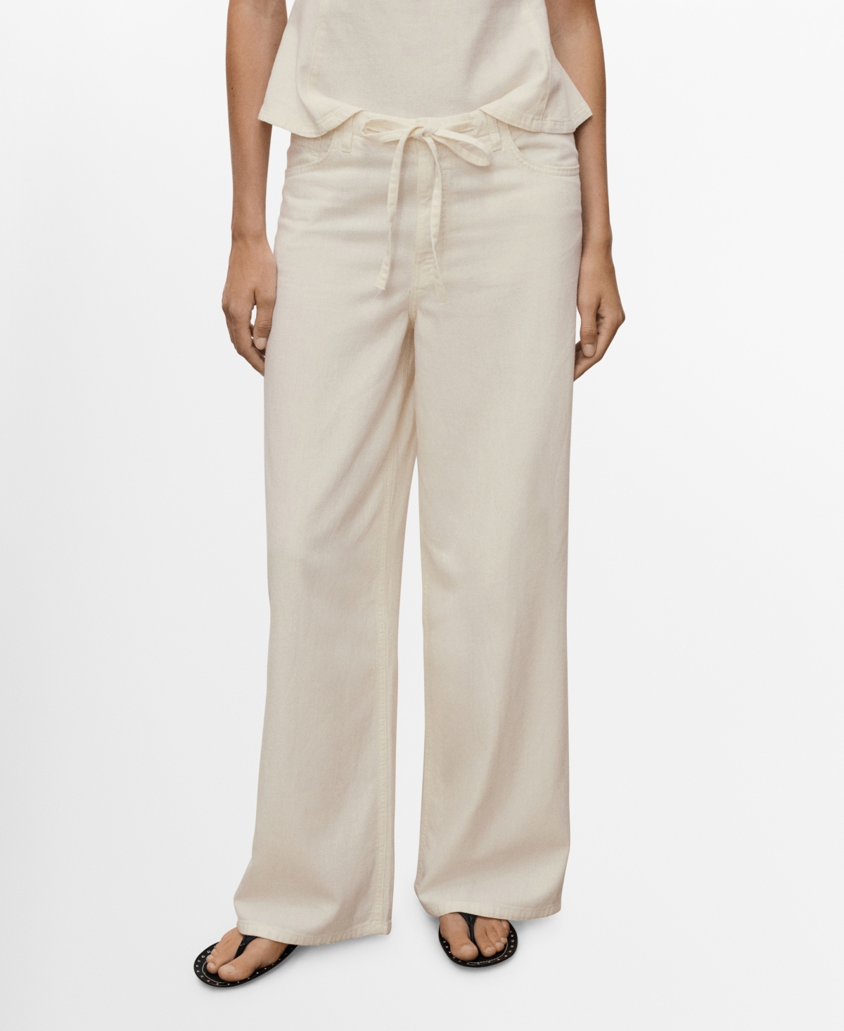 Mango Wide-leg Denim Trousers With Belt Ecru In Neutral
