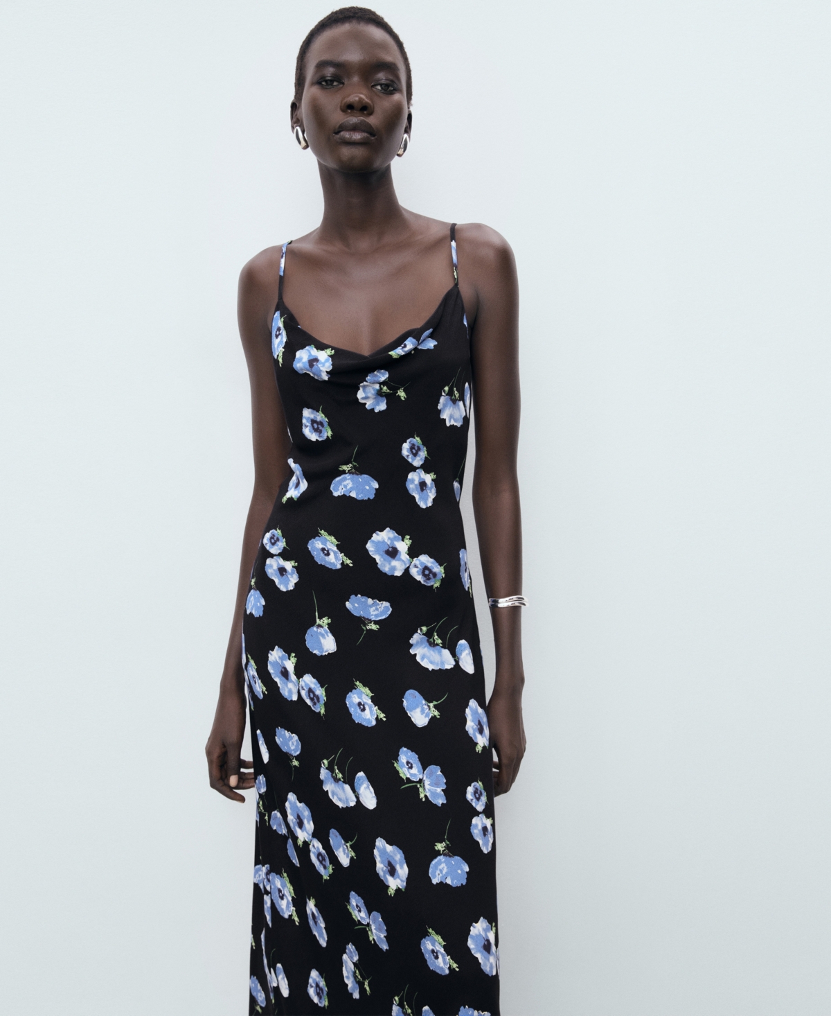 Mango Kendal Print Cowl Neck Crepe Slipdress In Blue