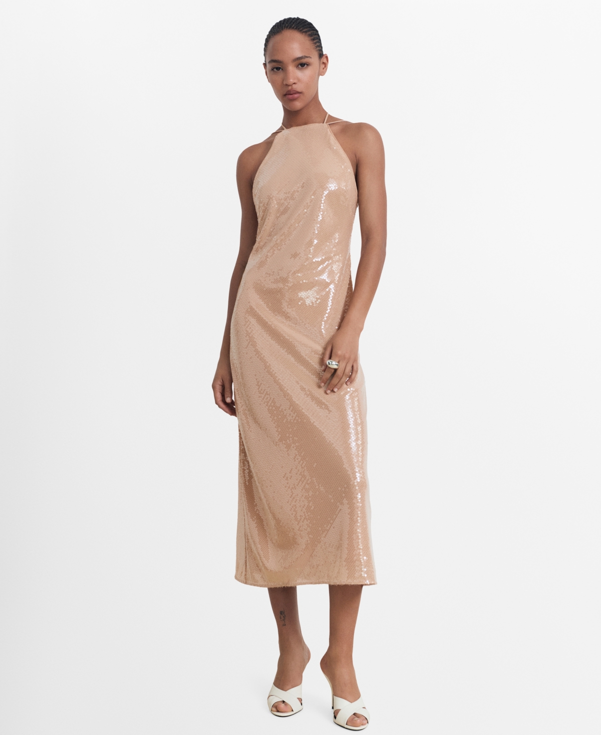 Women's Sequined Halter Neck Dress - Nude