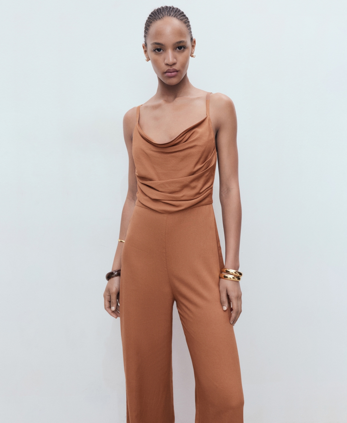 Mango Long Jumpsuit With Draped Neckline Brown In Brown