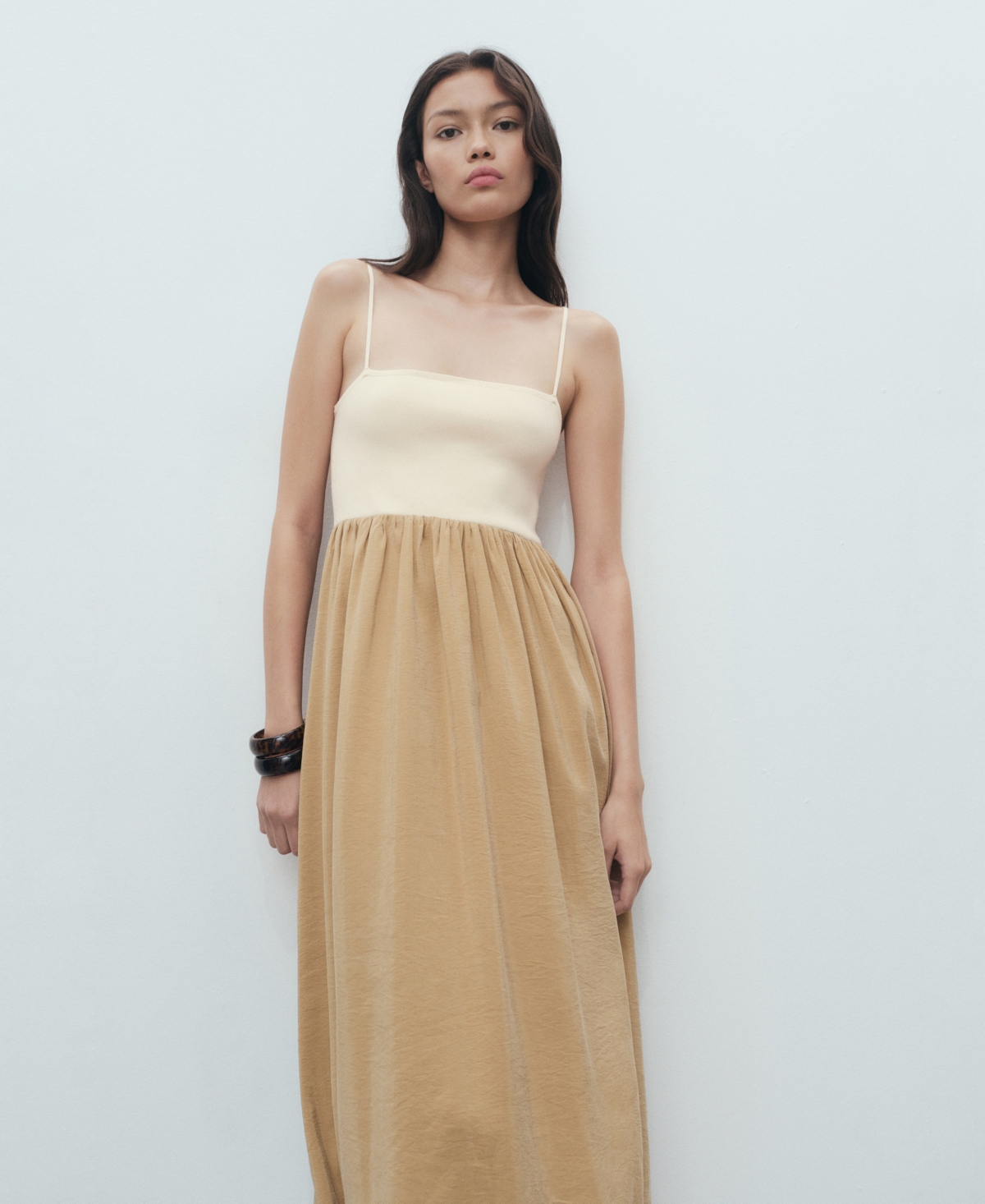 Mango Mixed Media Bubble Hem Midi Dress In Brown