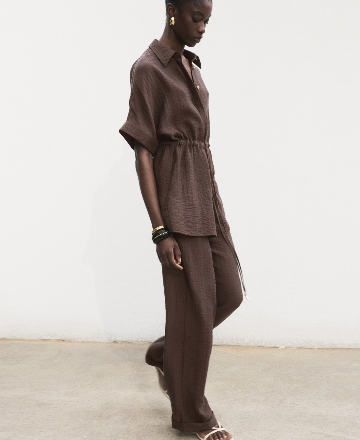 Mango Elastic Waist Lyocell Blend Pants In Brown