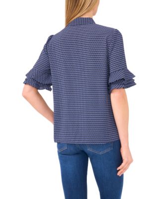 Women's Button Up Collared Elbow Ruffle Sleeve Top