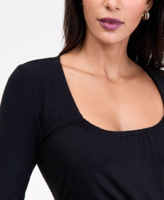 Women's Mixed Media Scoop-Neck Long-Sleeve Top, Macy's Exclusive