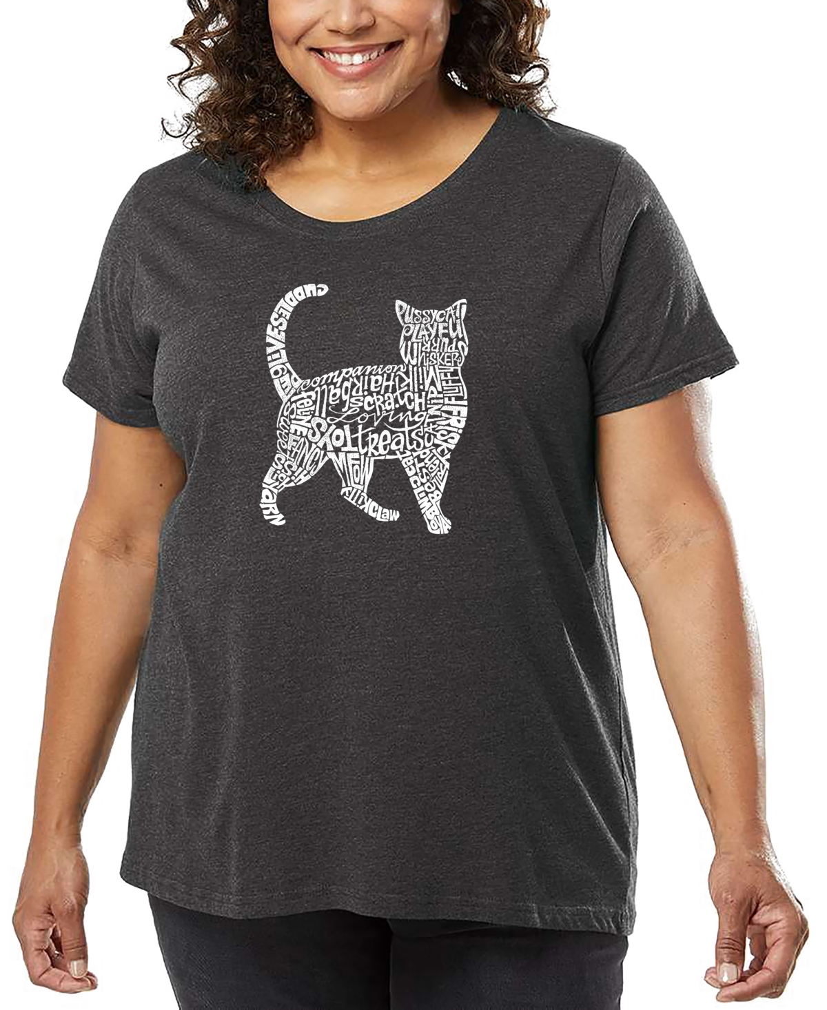 La Pop Art Plus Size Cat Word Art T-shirt In Gray