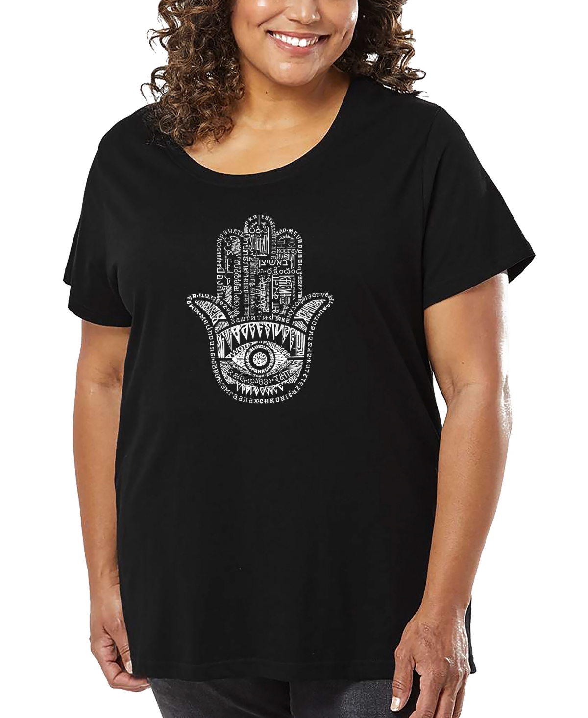 La Pop Art Plus Size Hamsa Word Art V-neck T-shirt In Black
