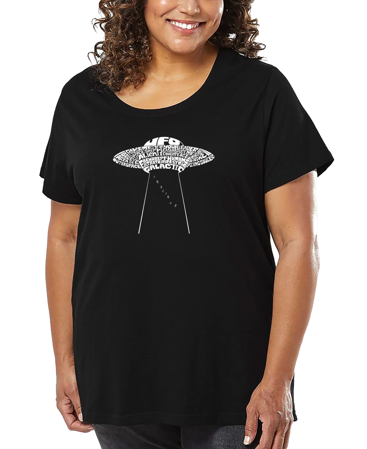 La Pop Art Plus Size Flying Saucer Ufo Word Art T-shirt In Black