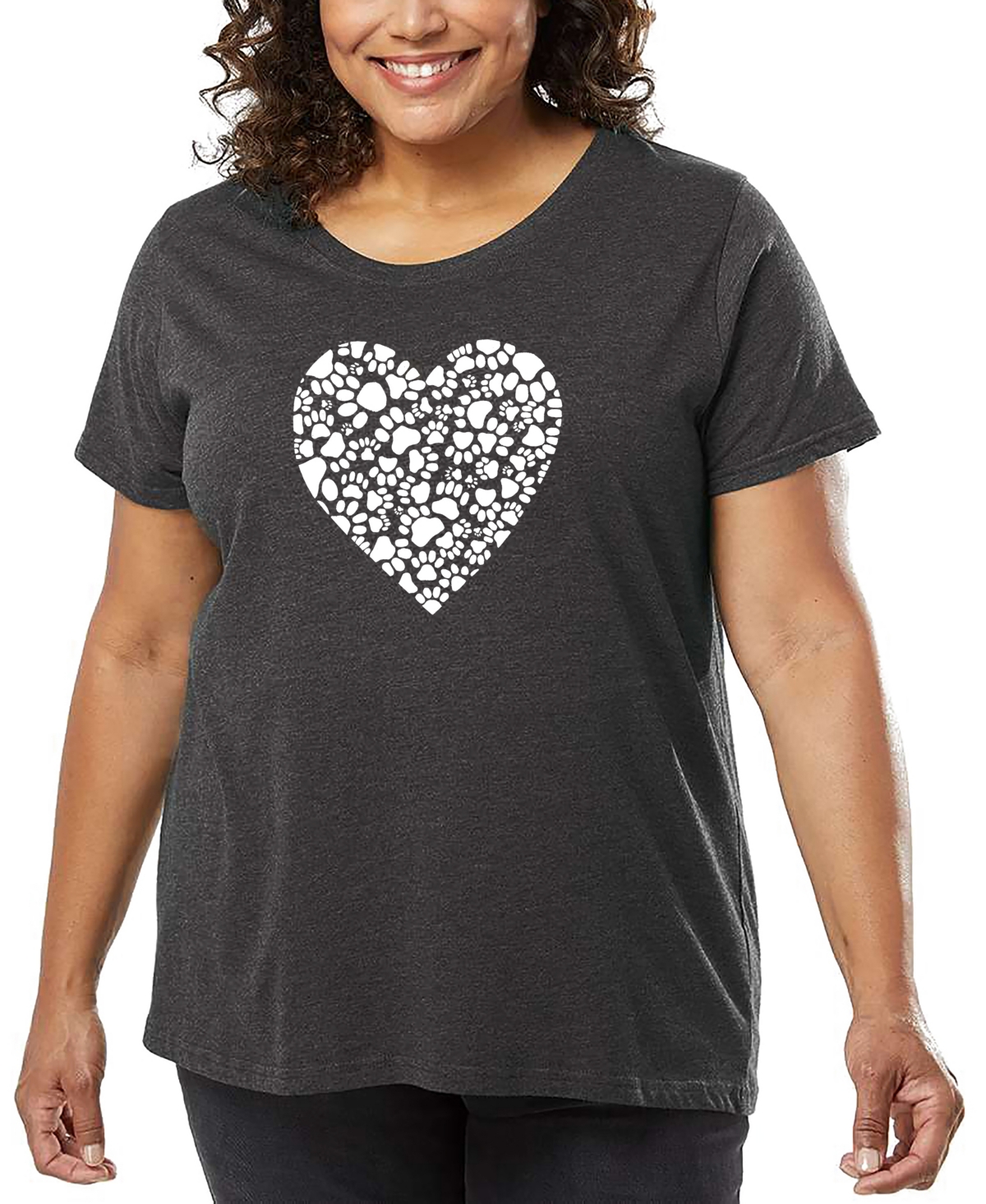 La Pop Art Plus Size Paw Prints Heart Art T-shirt In Gray