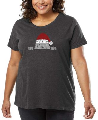 Plus Size Christmas Peeking Dog Word Art T-Shirt