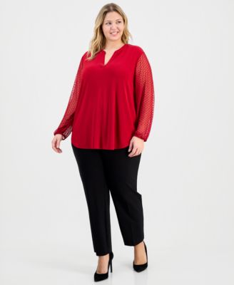 Plus Size Split-Neck Long-Sleeve Tunic