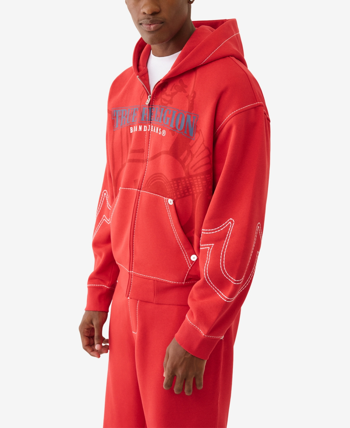 True Religion Cinched Big T Cotton Blend Zip Hoodie In Red