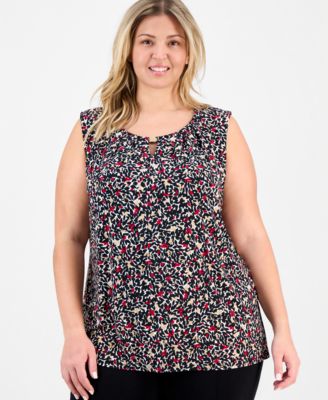 Kasper - Plus Size Printed Pleat-Neck Sleeveless Top