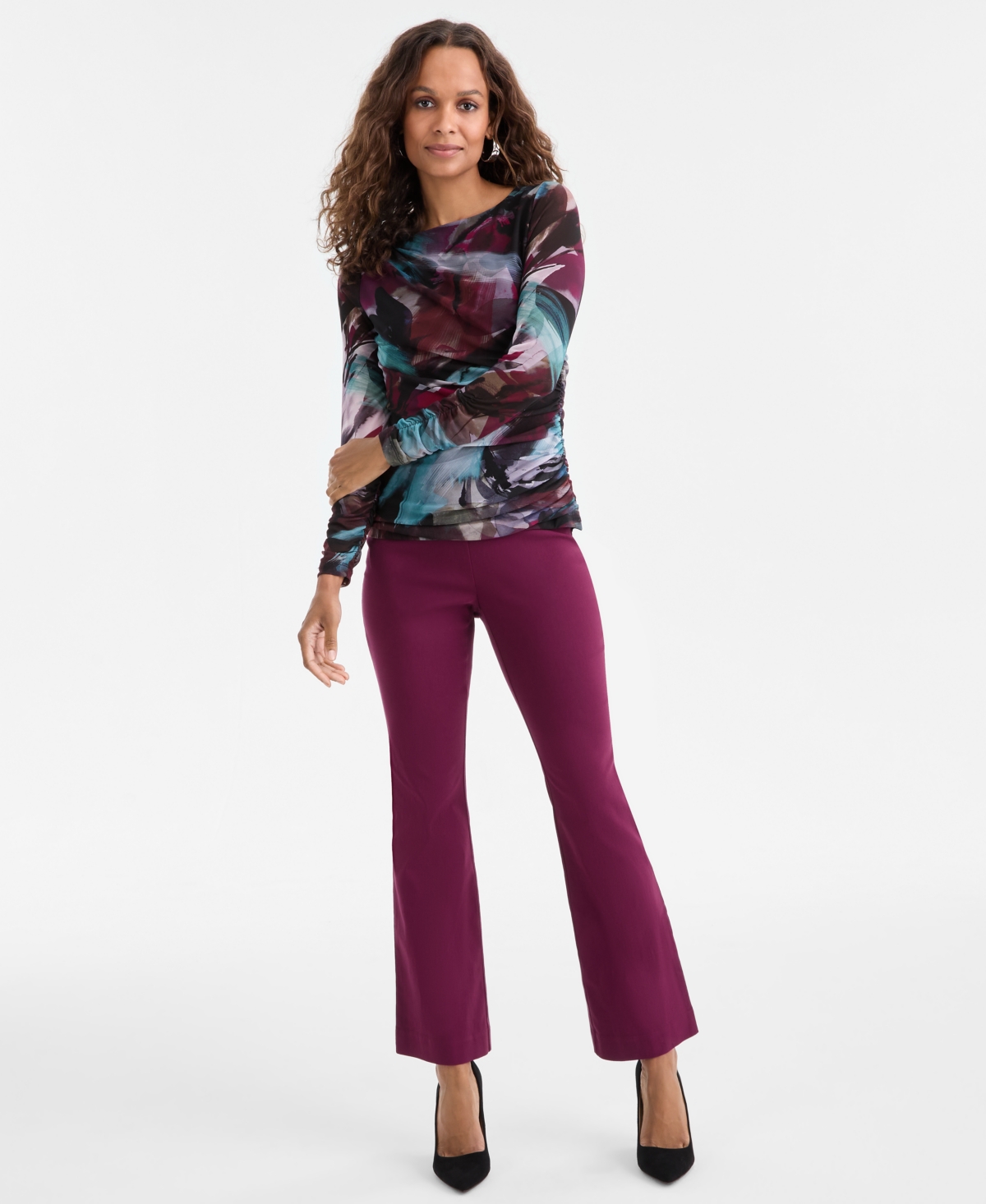 Inc International Concepts Petite Ruched Abstract-print Top, Macy's Exclusive In Multi
