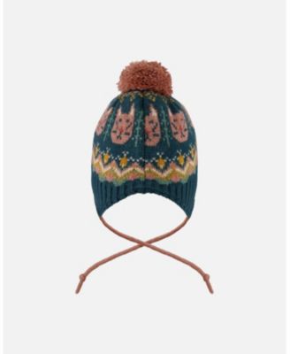 Baby Girl Lined Peruvian Knit Pompom Hat Green and Pink - Baby