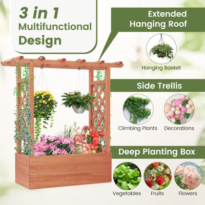 Raised Garden Bed Wooden Elevated Planter w/Side Trellis & Hanging Roof