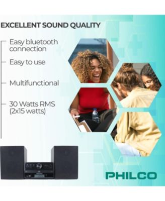 Stereo Shelf Systems Tray Loading CD Player with Digital FM Radio, Bluetooth Streaming, Remote Control in Black | LCD Display | 3.5mm Headphone Jack | MP3 & AUX Port Compatible