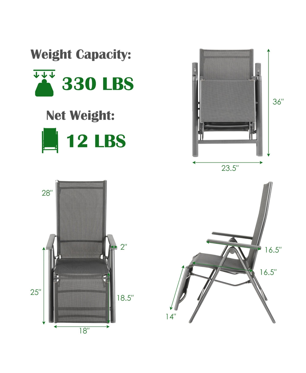 Costway Outdoor Foldable Reclining Chair Aluminum Frame 7-Position Adjustable