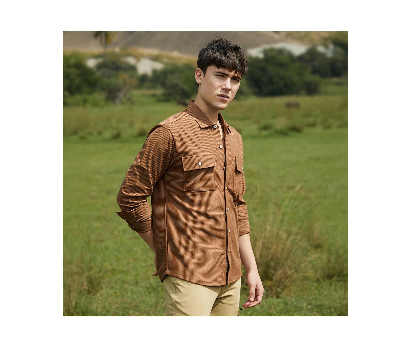 Мужская рубашка Cahoot Campus Sutra Solid Ribbed Utility, цвет: Коричневый — фото 3