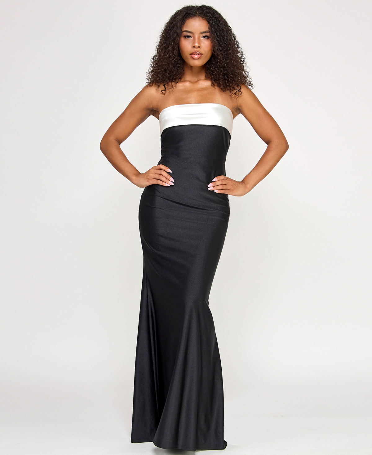 City Studios Juniors' Strapless Tube Overlay Long Slim Knit Gown