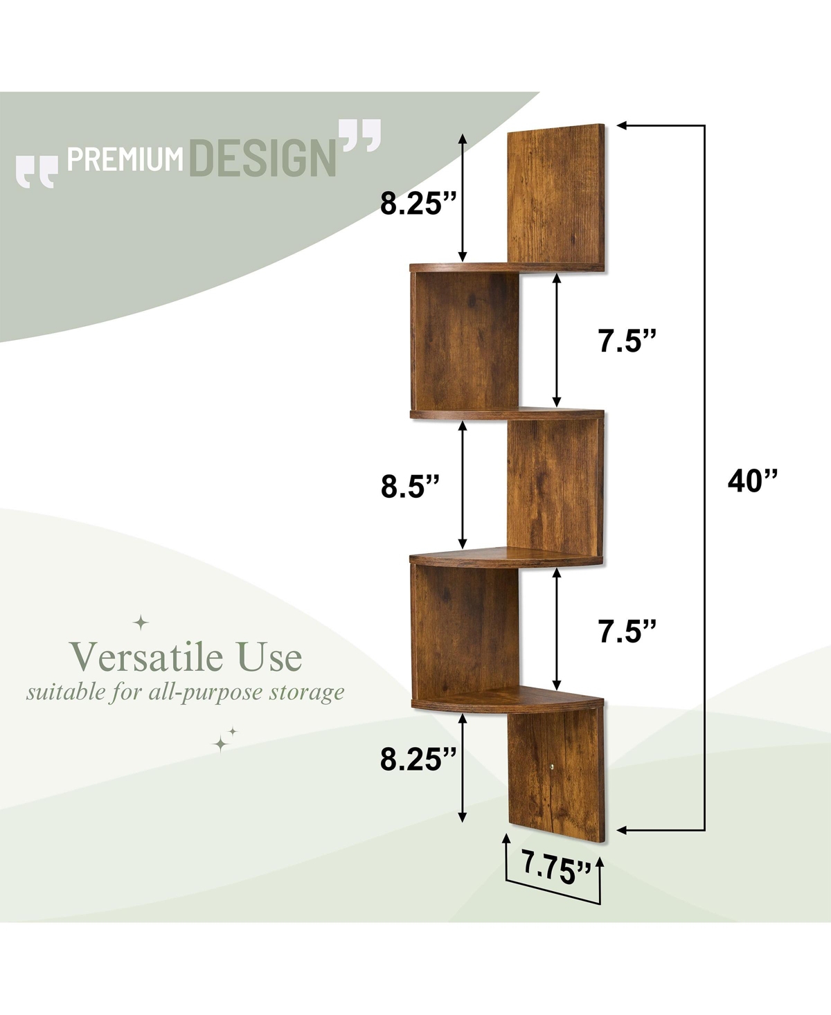 Sorbus 5-Tier Zig Zag Floating Corner Wall Bookshelf Unit – (40" Tall) for Living Room, Bedroom, Office, & More - Space-Saving Storage Solution