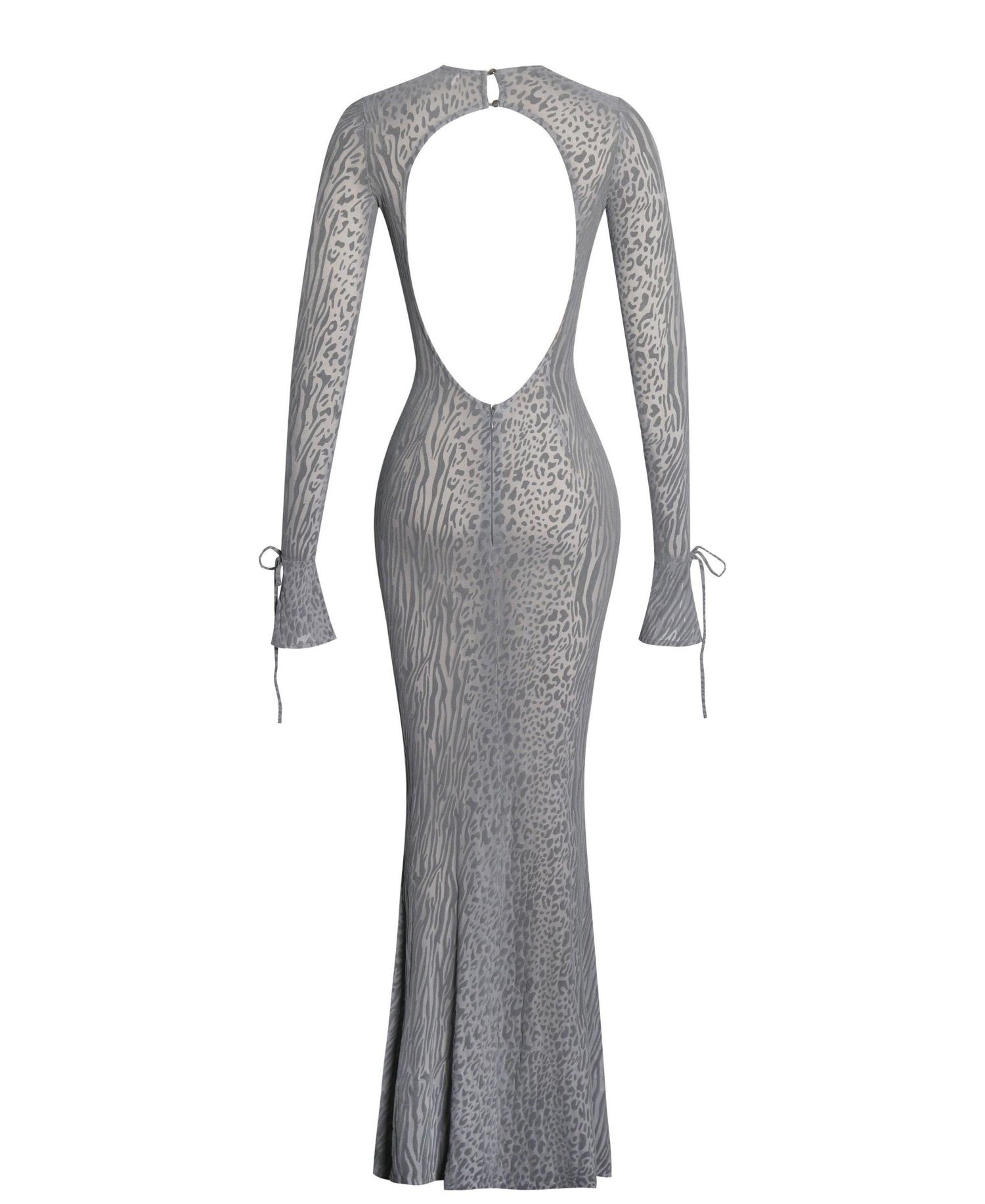 Women Waylynn Gray Animal Print Burnout Velvet Detail Mesh Backless Maxi Dress