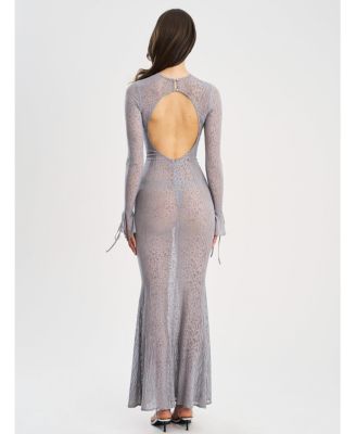 Women Waylynn Gray Animal Print Burnout Velvet Detail Mesh Backless Maxi Dress